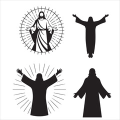 Jesus Christ Ascension and Resurrection Silhouette Set: A collection of four minimalist vector illustrations showing Jesus in divine and welcoming poses.