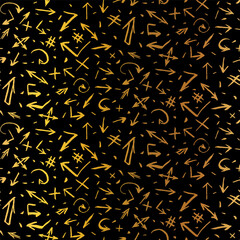 Gold seamless grunge pattern featuring abstract shapes, doodles, scribbles, geometric elements, arrows, waves, grids, lines and organic textures