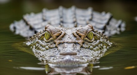 Obraz premium Close up of a crocodiles eyes and snout emerging from murky water.