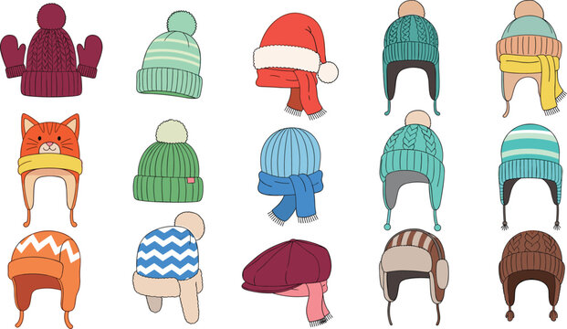 Winter hat and scarf vector set featuring colorful knit beanies pompom hats earflap caps and mittens in cozy seasonal style for cold weather designs