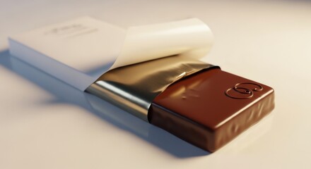 Partially unwrapped gourmet chocolate bar with golden foil packaging