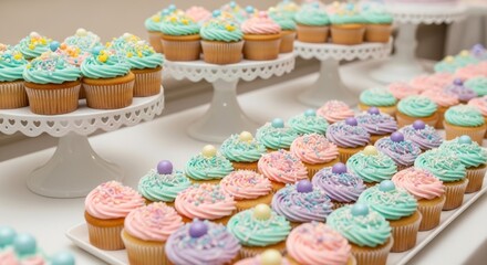 Pastel cupcakes arranged on display stands for a celebration