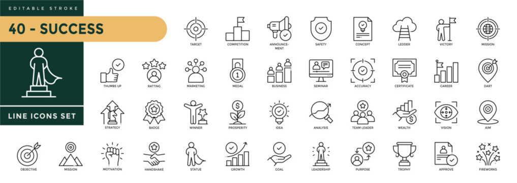 A collection of success icons set with editable stroke, including Successful business development, financial growth, progress, achievement, plan and process. Thin linear vector illustration.