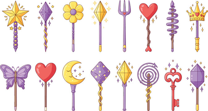 Collection of magical wands and fantasy scepters with crystals hearts and stars icons isolated on white for game design and fairy tales.