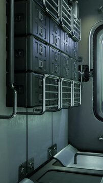 moody corridor of spacecraft lockers lit by cool led strips, stacked black compartments with numeric panels and metal rails, cargo technician role implied,