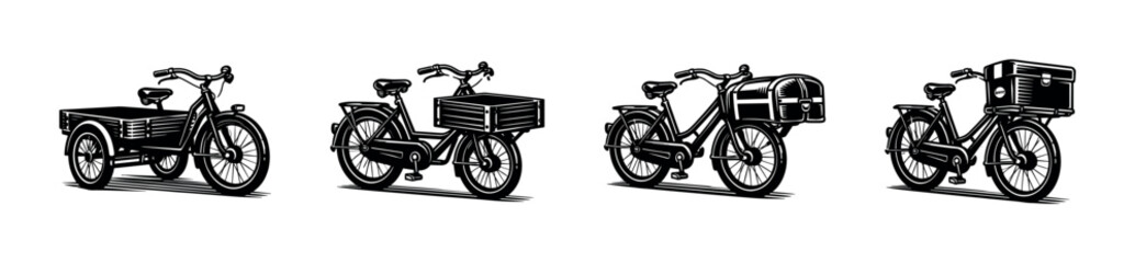 Obraz premium Cargo bikes flat vector icons set. bicycle delivery and transport symbols illustration