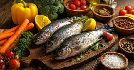 The Fresh Trout Trio on a Rustic Wooden Board with Vegetables and Spices
