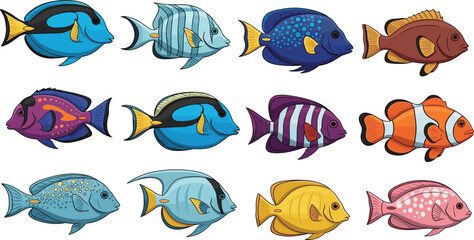 Colorful tropical fish vector set featuring clownfish tang and reef species in vibrant cartoon style for aquarium ocean and underwater marine designs
