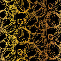 Gold seamless grunge pattern featuring abstract shapes, doodles, scribbles, geometric elements, waves, lines and organic textures