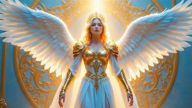 Angel with golden armor and white wings