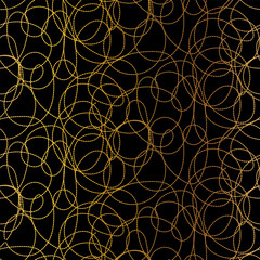 Gold seamless grunge pattern featuring abstract shapes, doodles, scribbles, geometric elements, waves, lines and organic textures