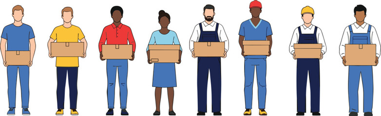 Obraz premium Diverse group of delivery workers and couriers in uniform carrying cardboard boxes isolated on white background for logistics moving service and e-commerce shipping concepts.