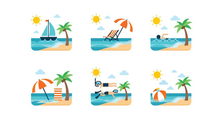 Naklejka premium Vector set of six beach icons with palm trees, sailboat, sun, and beach activities isolated on transparent background