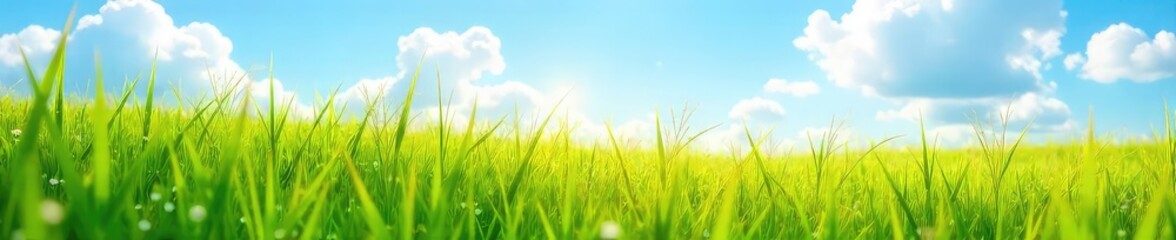 Obraz premium A gentle summer breeze ruffles the tall grass in a sun-drenched meadow, creating waves of green and gold under a bright blue sky , wildflowers, movement, clouds