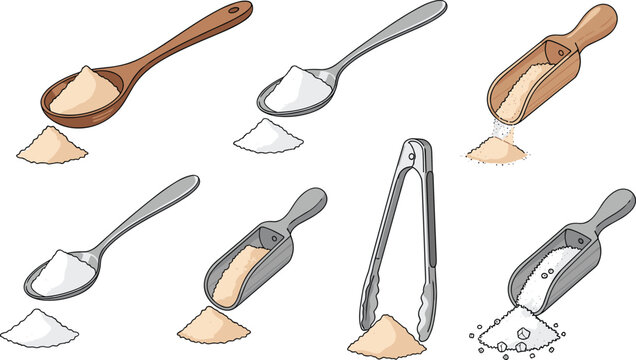 Kitchen measuring tools set with wooden and metal spoons scoops and tongs with piles of powder flour sugar or protein supplement vector illustration isolated on white.