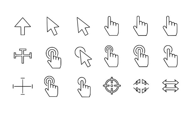 Pointer and click interaction outline icons editable stroke vector set