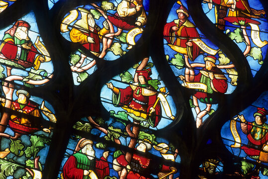 Detail of the Tree of Jesse stained glass window of Ste Madeleine church, Troyes, Aube department, Champagne-Ardenne region, France, Europe
