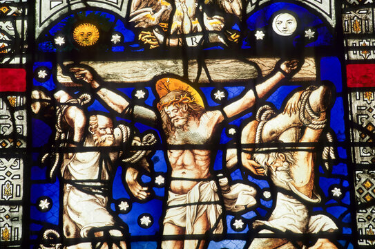 Stained glass in grisaille and coloured glass with stars in masterpiece, church of St Jean-au-Marche, Troyes, Aube department, Champagne-Ardenne region, France, Europe