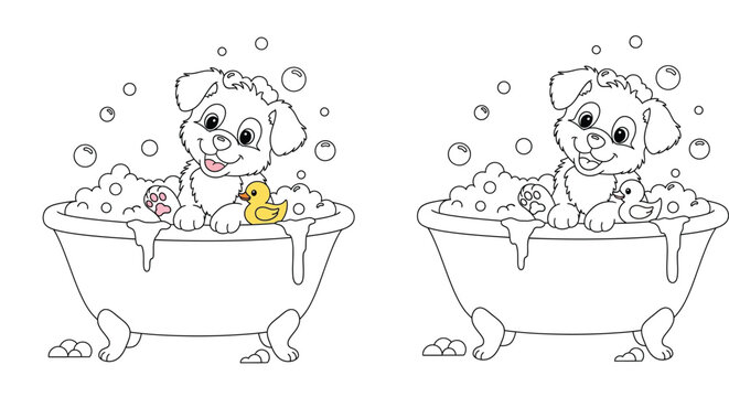 Cute cartoon puppy dog taking a bath in a tub with rubber duck and bubbles, black and white outline vector illustration for kids coloring book page, funny pet character sketch.