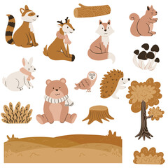 Cute Autumn Forest Animals and Nature Elements Illustration Set