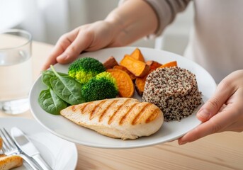 Person holding healthy grilled chicken meal with vegetables and quinoa