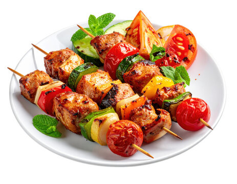 Turkish kebab with grilled vegetables, isolated on a white background.