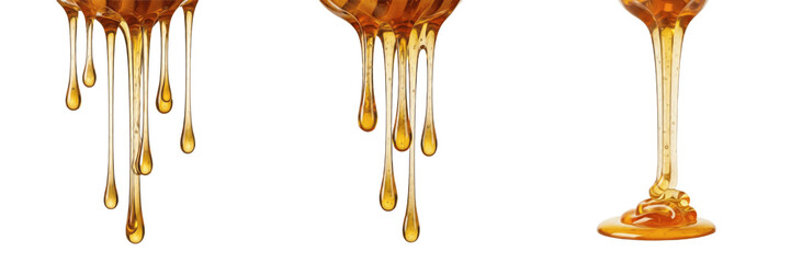 Realistic Golden Honey Dripping Set, Sweet Amber Liquid Drops Isolated on Transparent PNG © Janwar
