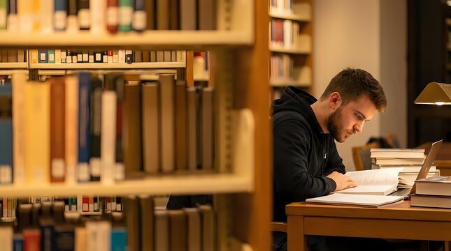 Young Caucasian male student studying with laptop at wooden desk in university library surrounded by bookshelves for academic research and learning.