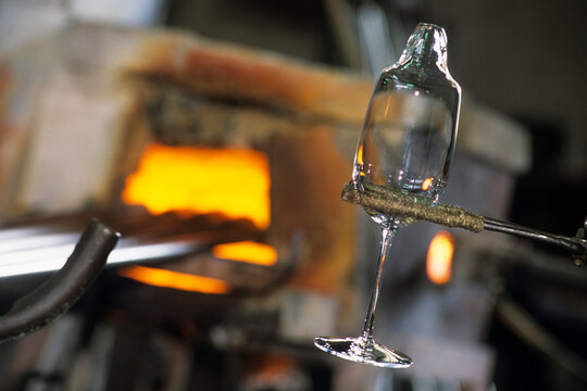 Glass before cutting the parison at the right size, Hartzviller Crystalworks, Moselle department, Lorraine region, France, Europe