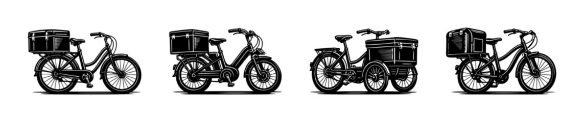 Fototapeta premium Bicycle delivery flat vector icons set. eco transport and cargo bike design