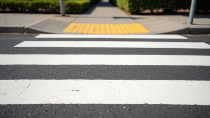 Obraz premium Pedestrian crosswalk asphalt road white stripes yellow tactile paving urban sidewalk safety accessibility sunny day