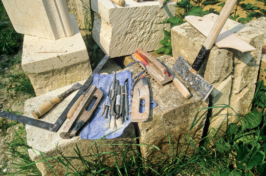 Stonemason's tools at the medieval fortified castle at Coucy-le-Chateau-Auffrique, Aisne department, Picardy region, northern France, Europe