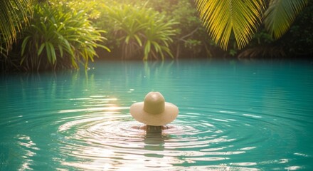 Person in straw hat swimming in vibrant turquoise water
