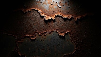 Rusty metal sheet with corrosion and old iron texture exposed to decay in a dark industrial environment viewed from above