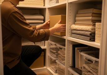 Person placing cardboard box on organized closet shelf