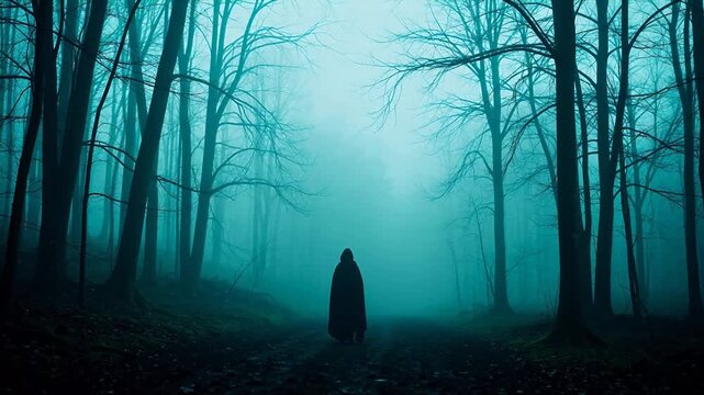 Person in cloak walking through foggy forest