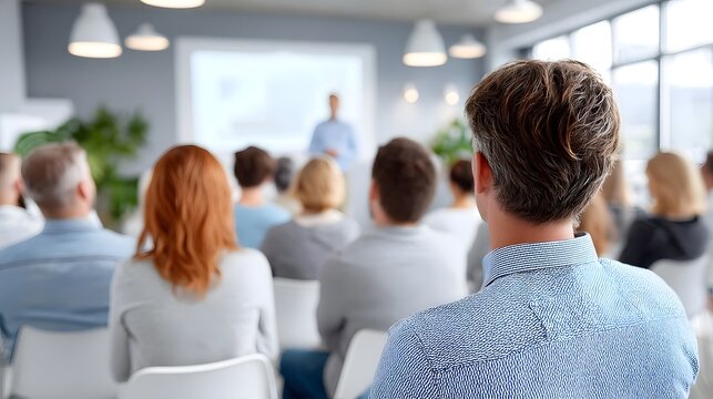 A focused audience sits in a bright modern conference room engaged in listening to a professional speaker during an educational business presentation or seminar