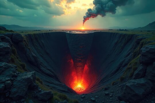 A narrow, dark funnel constricts at the bottom, symbolizing potential danger and a precarious situation; a sense of impending doom is palpable , gloom, emergency