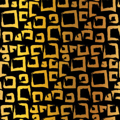Gold seamless grunge pattern featuring abstract shapes, doodles, scribbles, geometric elements