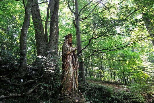 Statue of Virgin Mary in the forest, Le Brevedent, Pays d'Auge, Calvados department, Lower Normandy region, Northwestern France
