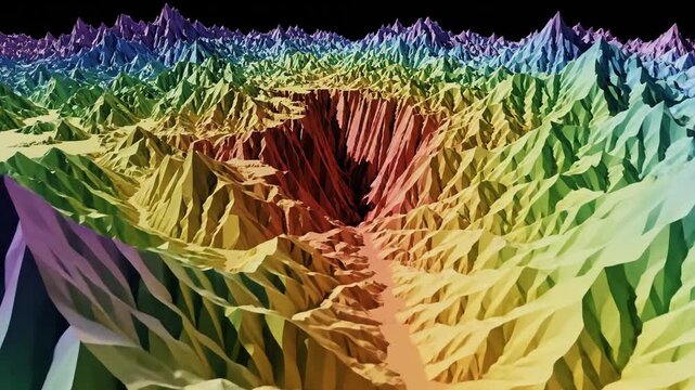 Stunning digital landscape shows a rainbow colored 3D topographic map with a deep central canyon, perfect for data visualization, scientific, or technology backgrounds.