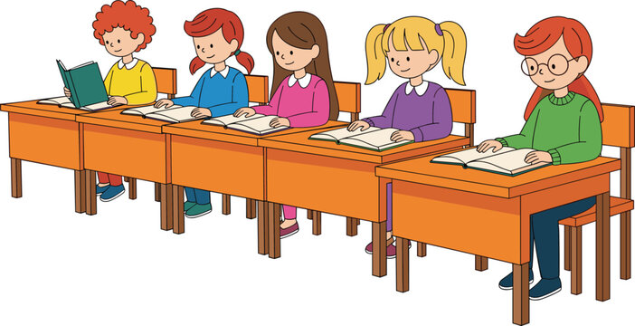 Set of cute cartoon school children sitting at desks reading books in a classroom isolated on white background vector illustration for primary education.