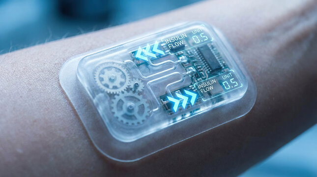 Smart insulin delivery patch on skin with visible mechanical parts and digital flow indicators, showing advanced medical technology for diabetes care and precise insulin dosing