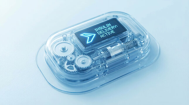 Smart insulin delivery patch with visible mechanical parts and digital display showing active status, clinical blue tone highlighting advanced medical technology and precision design