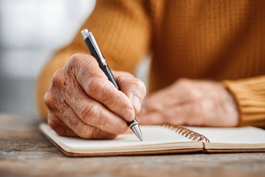 Close up of older man writing in a notebook with a pen, recording thoughts and ideas with focus and concentration, wearing a cozy, yellow knit sweater.