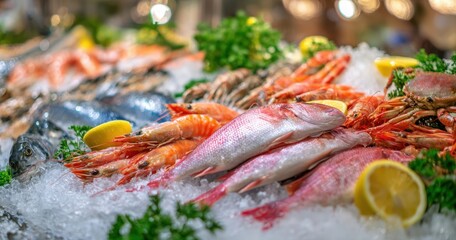 The Fish and Shrimp Display on Ice at a Fresh Seafood Market Counter