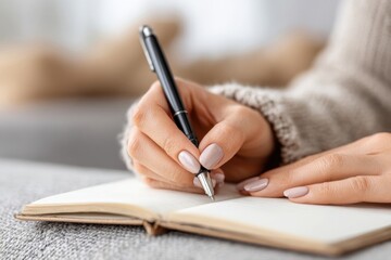 Close up of a woman's hands writing on a notepad with a pen, in a cozy setting, perfect for journaling, planning, or creative writing projects at home, work.