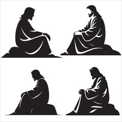 Jesus Christ Praying and Sitting Silhouette Set: A collection of four black and white vector stencils showing Jesus in various sitting and praying poses.
