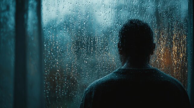 Conceptual scene of solitude and introspection, featuring silhouette of man by rain-soaked window with blurred city or nature view, evoking themes of loneliness and reflection