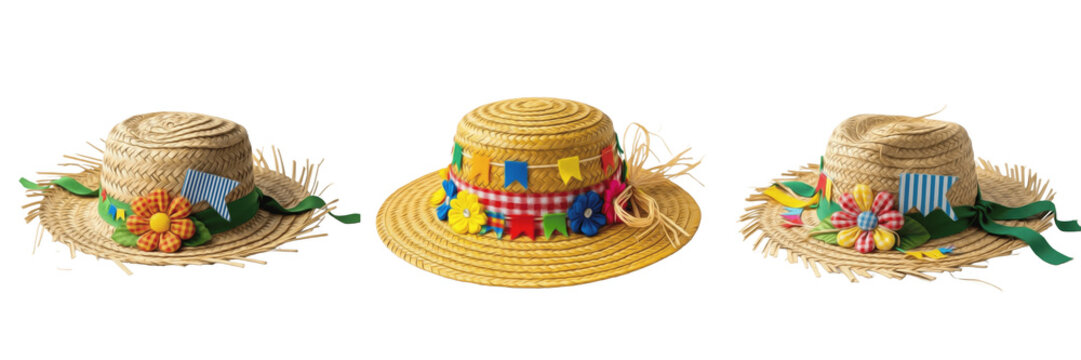 Decorated Straw Hats Set, Traditional Festa Junina Brazilian Folk Celebration Headwear Isolated on Transparent PNG